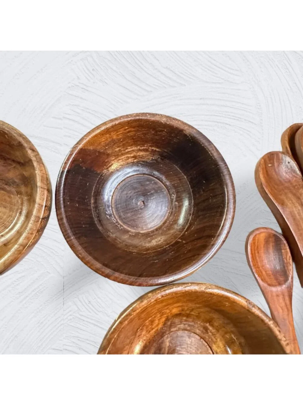 Sheesham Hand-Crafted Wooden Bowls With Matching Spoons - Set Of 4 With Floral I